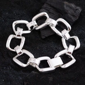 Chunky geometric hollow link bracelet in shiny S925 sterling silver for women