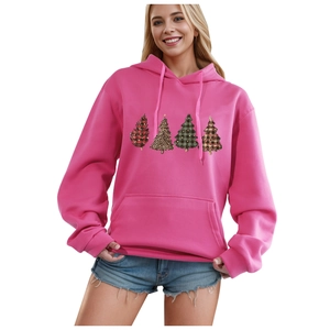 Hot pink Christmas hoodie for women with festive tree graphic and drawstring hood