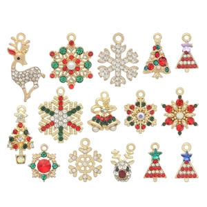 Set of 14 Christmas jewelry charms with reindeer and snowflakes in gold and enamel