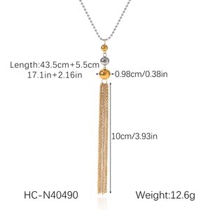 Detailed size parameters of two-tone stainless steel tassel Y-necklace on white background