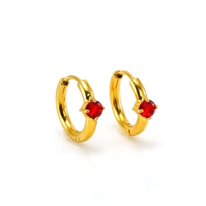 Fashionable golden stainless steel hoop earrings featuring round red zircon gemstones