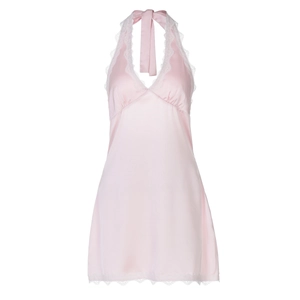 Detail of pink lace hemline and halter neck stitching on sexy backless nightdress