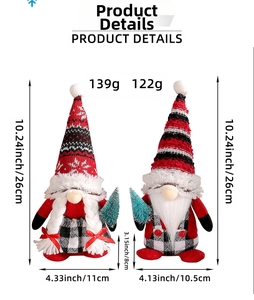 Detailed view of handmade Christmas gnomes dolls with striped hats and mini trees
