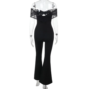 Detailed back view of black off-shoulder jumpsuit with lace splicing and flared pants