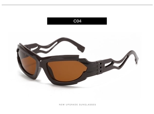 Detail of trendy futuristic sunglasses featuring hollow wave temples and brown lenses