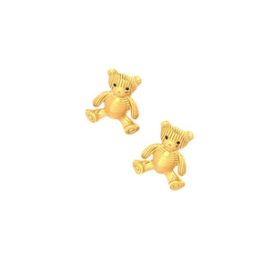 Minimalist gold teddy bear stud earrings with horizontal striped metal texture