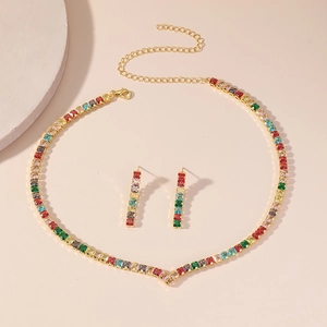 Colorful zircon necklace and earrings jewelry set with gold plating for wedding