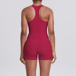 Ensemble débardeur de sport dos nageur rouge foncé et short taille haute pour yoga