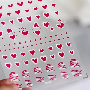 Thin pro nail stickers K1102 featuring red heart patterns and wavy line accents