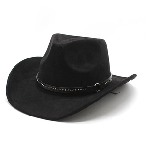 Classic black suede western cowboy hat with golden stud belt and wide curved brim