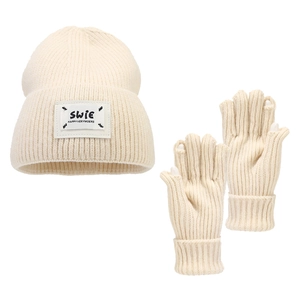 Winter knitted beanie and fingerless gloves set in cream white with letter patch detail