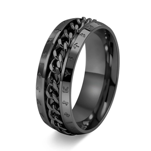 Black stainless steel Viking rune ring featuring a rotatable chain center on white background