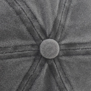 Close-up of the crown button and reinforced stitching on the cotton baseball cap top