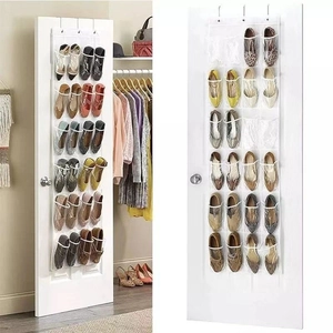Detailed view of over the door hanging organizer with 24 clear pockets for shoe storage