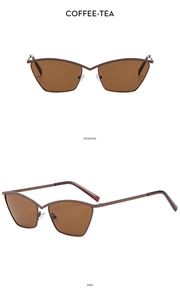 Front and side macro views of coffee-tea cat-eye sunglasses with thin metal frames