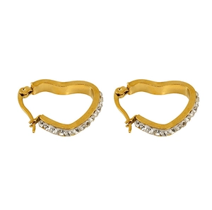 Detailed view of heart-shaped 18k gold earrings featuring micro-paved sparkling crystals