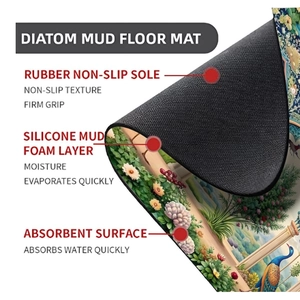 Detailed cross-section of peacock print bath mat showing non-slip rubber and absorbent layers