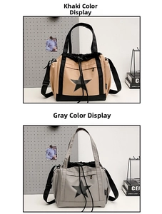 Nylon tote bags in khaki and gray with star logo and drawstring closure details