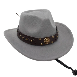 Detail of light gray felt cowboy hat with leather rivet band and horseshoe emblem