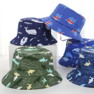 Kids cotton bucket hats with cute shark and whale patterns for sun protection