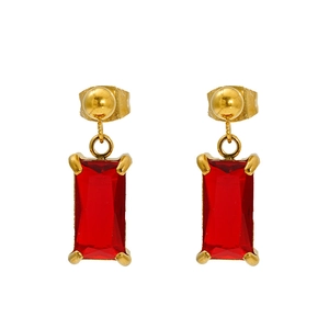 Minimalist gold stainless steel geometric earrings with rectangle red zircon stones