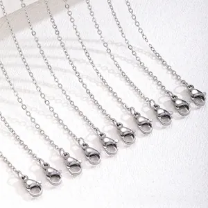 Detail of silver stainless steel necklaces with lobster clasps neatly arranged on white
