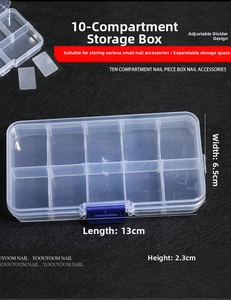 Size details of a 13x6.5cm 10-compartment adjustable plastic nail art storage box
