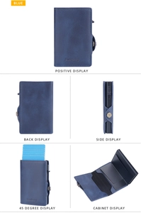 Detail of blue RFID leather card holder with pop-up mechanism and metal clasp