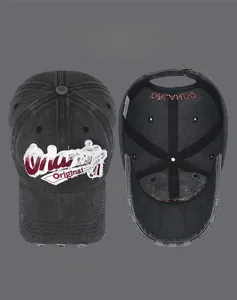 Detail view of distressed black cotton baseball cap with Orlando patch and color options