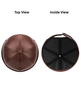 Deep brown PU leather docker cap featuring top seam stitching and adjustable strap details