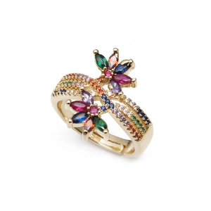 Adjustable gold flower ring featuring colorful marquise-cut cubic zirconia stones