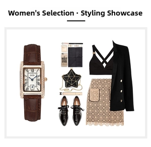 Flat lay of vintage square quartz watch with brown leather strap and rose gold crystal case