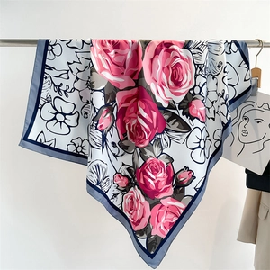 Pink rose floral silk scarf with blue-grey border and satin texture for women