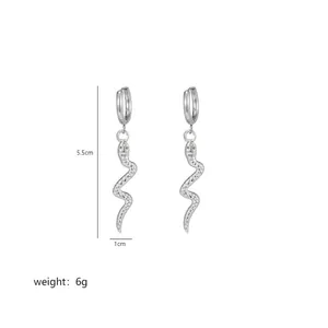 Silver snake drop earrings with green crystal eyes and sleek S-curve dynamic design