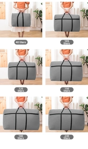Size comparison of waterproof Oxford storage bags ranging from 40L up to 230L capacity