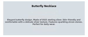 Close-up detail of S925 sterling silver butterfly necklace featuring cubic zirconia accents