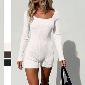 Women Long Sleeve Ribbed Romper Backless Square Neck Skinny Knit Jumpsuit Yoga Sporty Streetwear Bodycon Playsuit