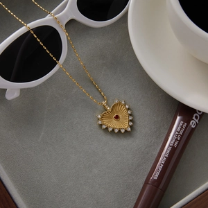 Classic 18K gold stainless steel necklace with red heart pendant and diamond accents