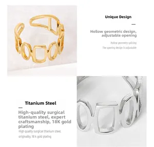 Macro detail of geometric hollow ring made of titanium steel with 18K gold plated finish