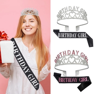 Detail of crystal tiara and Birthday Girl satin sash set for party celebrations