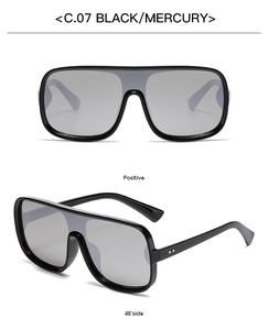 Front and 45-degree angle view of black oversized sunglasses with silver mercury lenses