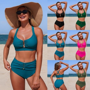 Women Bikini Swimsuit High Waist Ruched Metal Buckle Halter Beach Vacation Swimwear Nylon Polyester