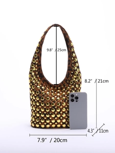 Leopard print underarm bag with gold studs showing exact dimensions and phone scale
