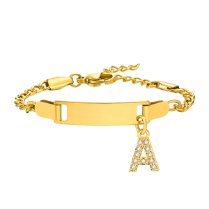 Gold stainless steel Cuban link ID bracelet with CZ letter A pendant and engravable plate