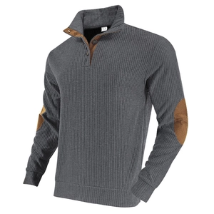 Detail of grey ribbed knit sweatshirt with brown faux suede patches and buttoned collar