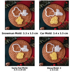 Detailed view of 4-piece Christmas cookie cutter set with dimensions for holiday baking