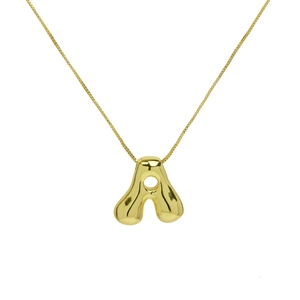 Macro view of chubby 18K gold letter A bubble pendant on a stainless steel chain