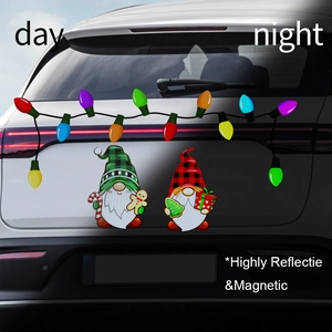 Day and night view of reflective Christmas gnome magnetic car decals with light bulb stickers