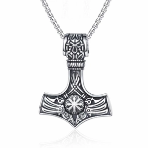 Vintage stainless steel Mjolnir pendant with Viking Helm of Awe engraving on white background