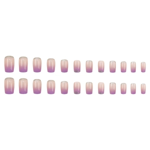 Short square purple gradient press-on nails with silver glitter tips, 24 piece set